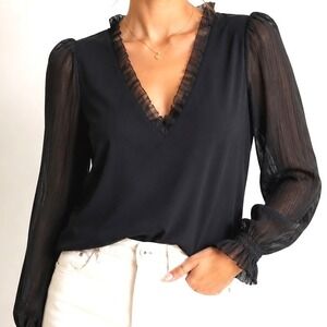 White House Black Market Black Women Blouse XS Ruffle V-Neck Sheer Sleeve